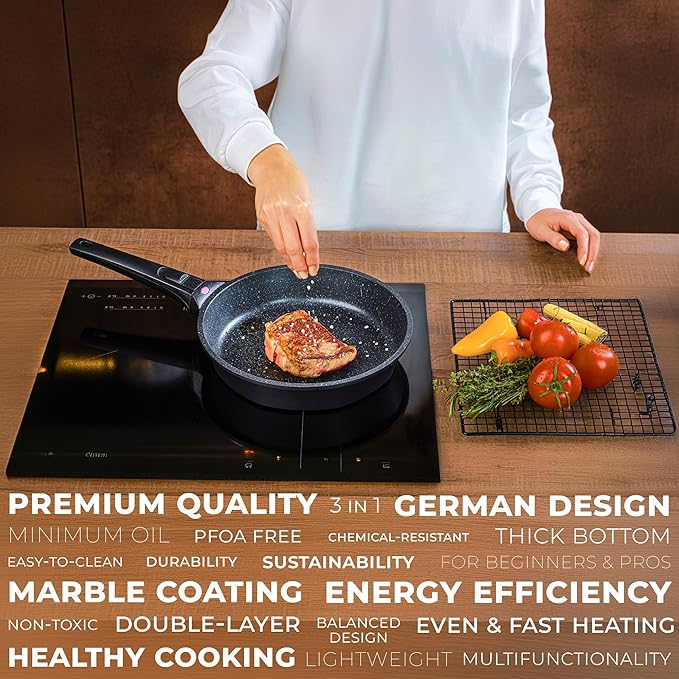 8, 10 and 12 Inch Nonstick Frying Pan Set of 3 - Cast Aluminum Pan with Detachable Handle - Non Stick Skillet Healthy Cooking Pans Induction Compatible Cookware, PFOA Free