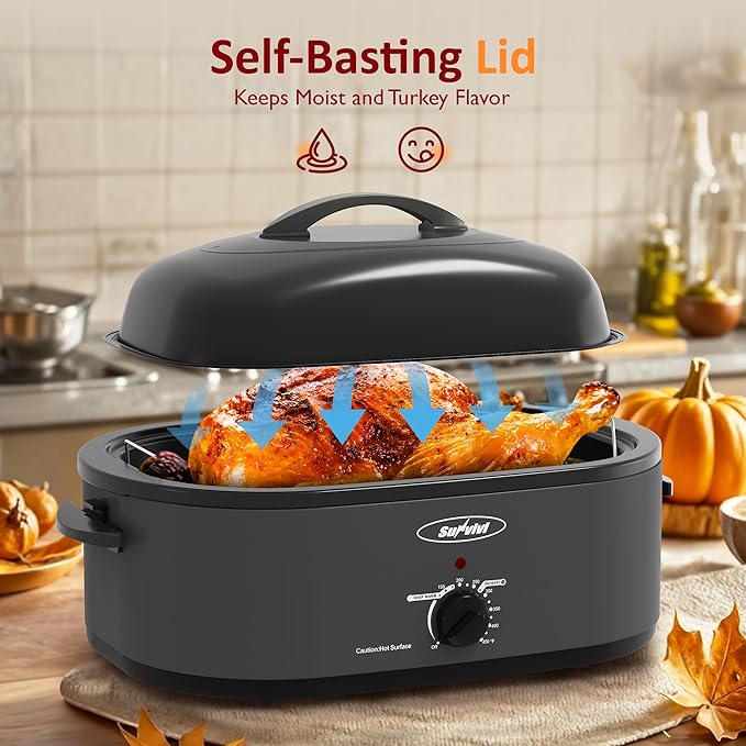 Sunvivi 18-Quart Roaster Oven with Self-Basting Lid, Electric Turkey Roaster Oven with Removable Pan and Rack, Stainless Steel, Grey