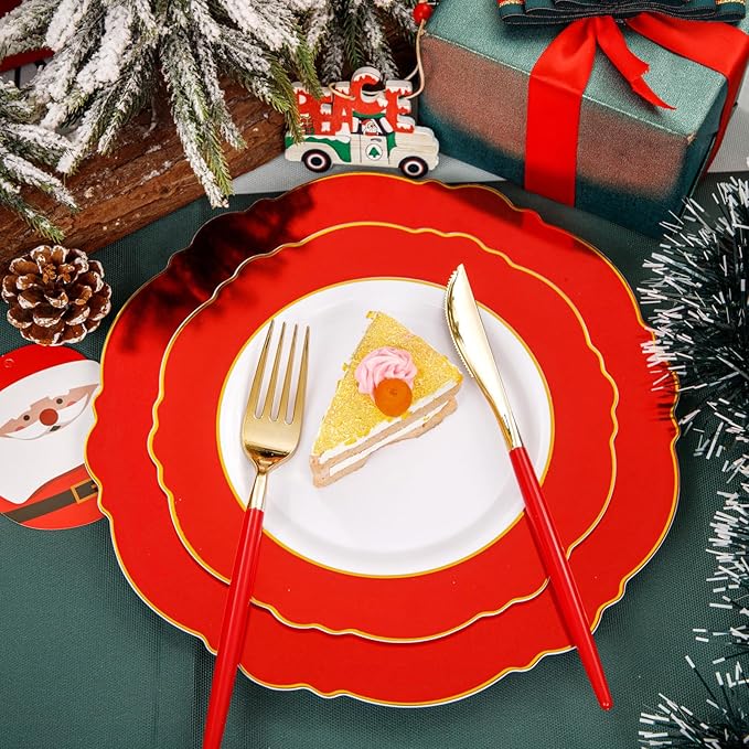 WDF 60pcs Red Plastic 4th of July Plates Gold Rim - 10.25inch Red Dinner Plates Disposable Plates Table Decor for 4th of July