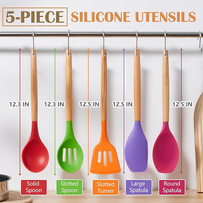 E-far Silicone Cooking Utensils Set, 5-Piece Kitchen Utensils Set with Wooden Handle for Cooking, Silicone Kitchen Nonstick Tools Spatula Turner Slotted Spoons, Nontoxic & Heat Resistant-Colorful