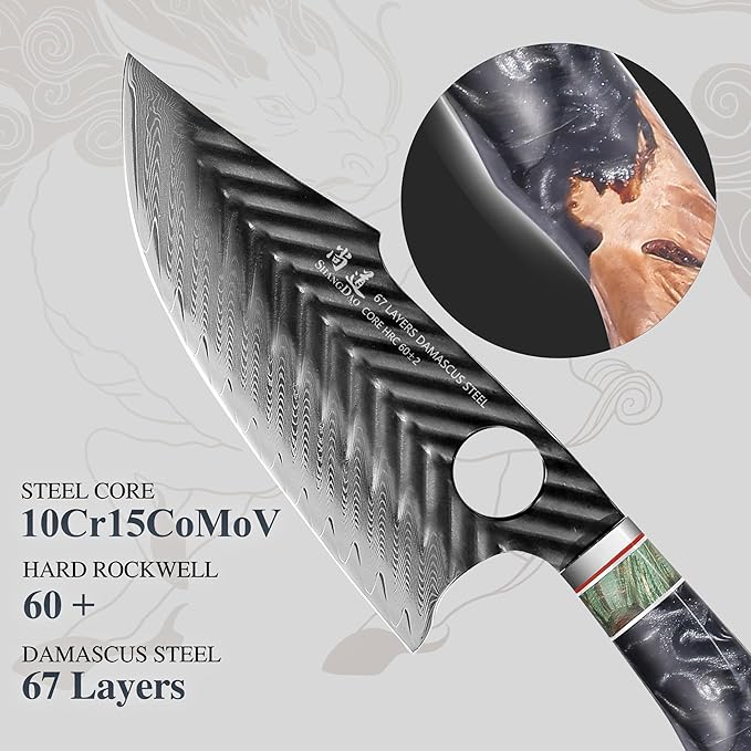 SHANGDAO Damascus Butcher Knife 7 Inch, Viking Cleaver Kitchen Knives with Leather Sheath - 67 Layers Alloy Steel with Professional Hand Forged Resin & Wood Handle QILIN Series