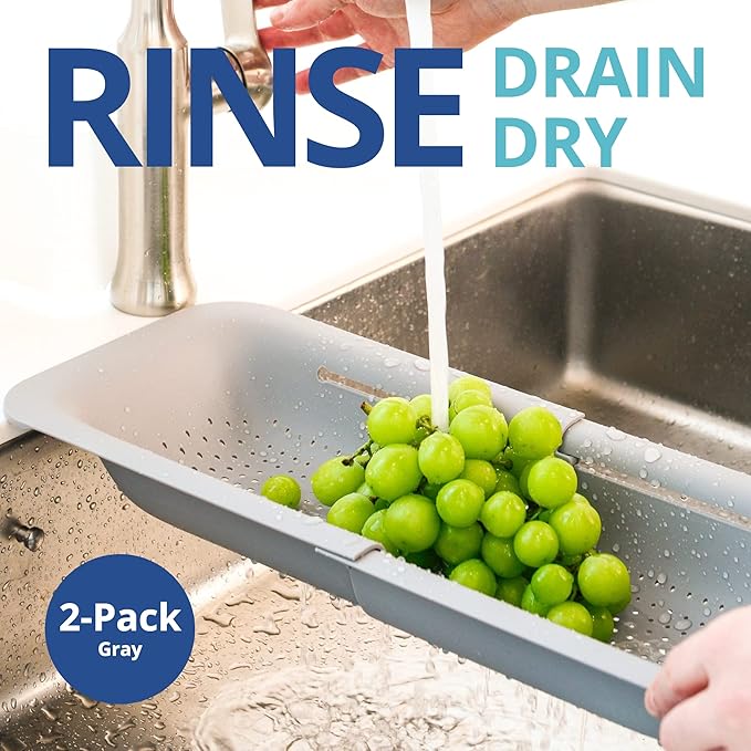 BLUE GINKGO Sink Colander Baskets - (Pack of 2) Wash Vegetables and Fruits, Drain Cooked Pasta and Dry Dishes - Extendable - New Home Kitchen Essentials (2 Grey)