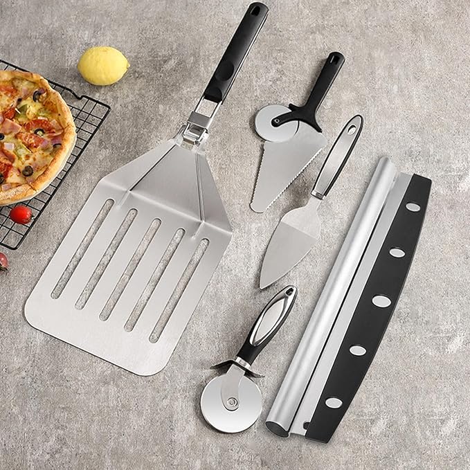 5PCS Pizza Cutter Pizza Peel Pizza Pan Set, Pizza Tool Set for Pizza Cutting And Transfer, Includ Roller Pizza Shovel, Pizza Shovel, Pizza Wheel, Pizza Cutter, Stainless Steel Large Leakage Shovel