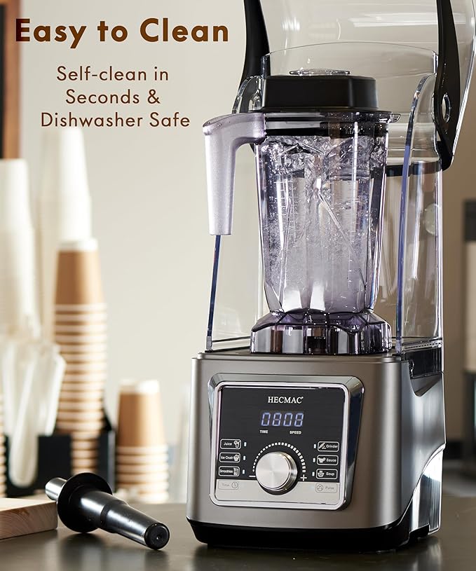 HECMAC 3-Peak HP Professional Blender, Max.2200W High Power, 85oz Large Capacity, Self-Cleaning, 6 Pre-Set Programs, Soundproof Cover - for Smoothies, Ice Crushing, Food Prep, Home & Commercial Use