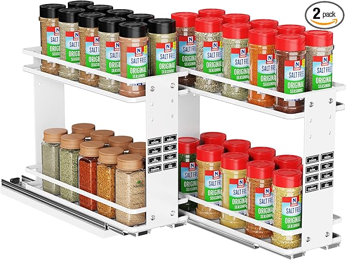 Nieifi Pull Out Spice Rack Organizer, 2 Tiers, White, Spice Organization for Cabinet, Height Adjustable, Easy to Install