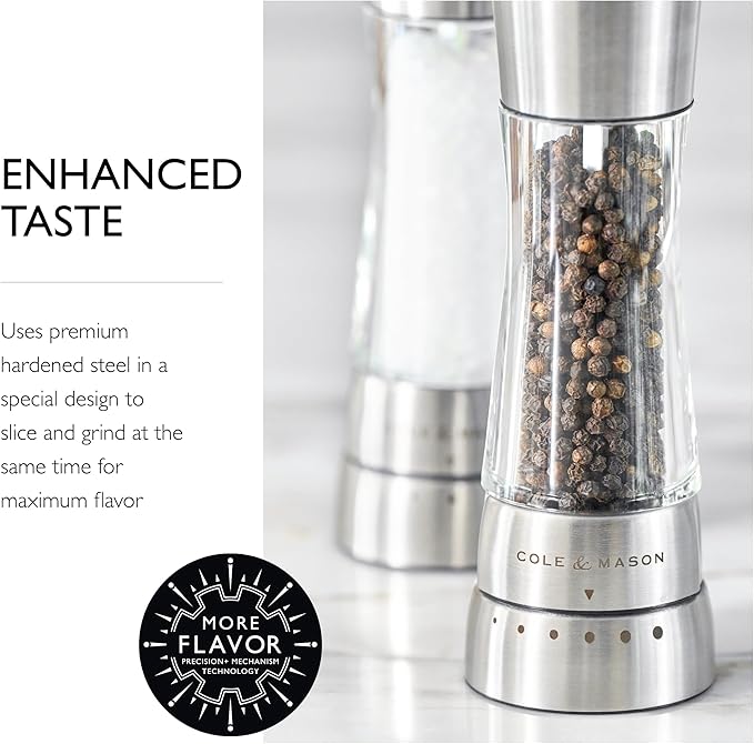 Cole & Mason Derwent Grinder Set - Precision Mechanisms and Sea Salt and Peppercorns - Derwent Salt and Pepper, Stainless Steel