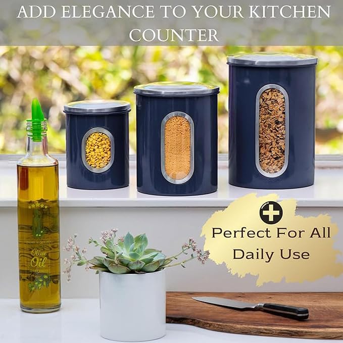 Mixpresso 3-Piece Blue Canisters Sets For The Kitchen, Airtight Canister Set With See Through Window, Storage Jars for Coffee Container, Tea Organizer & Sugar Canister, Blue Kitchen Canisters