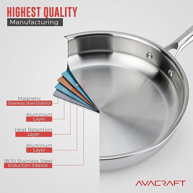 AVACRAFT 18/10 12 Inch Stainless Steel Frying Pan with Lid, Side Spouts, Induction Pan, Versatile Stainless Steel Skillet, Fry Pan in our Pots and Pans (12 inch)