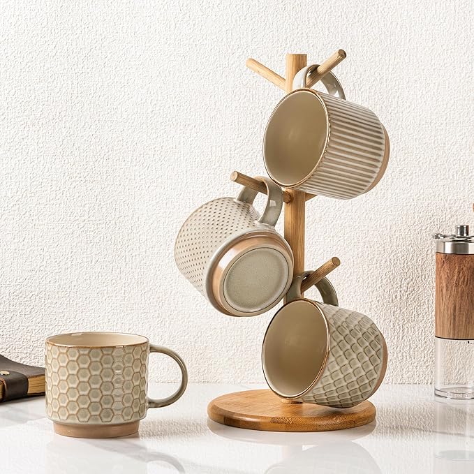 GBHOME 12OZ Stackable Coffee Mugs, Ceramic Coffee Mugs with Texture Patterns for Man,Woman,Dad,Mom, Modern Coffee Mugs Set of 4 for Latte/Cappuccino/Cocoa. Dishwasher&Microwave Safe, Pale Khaki