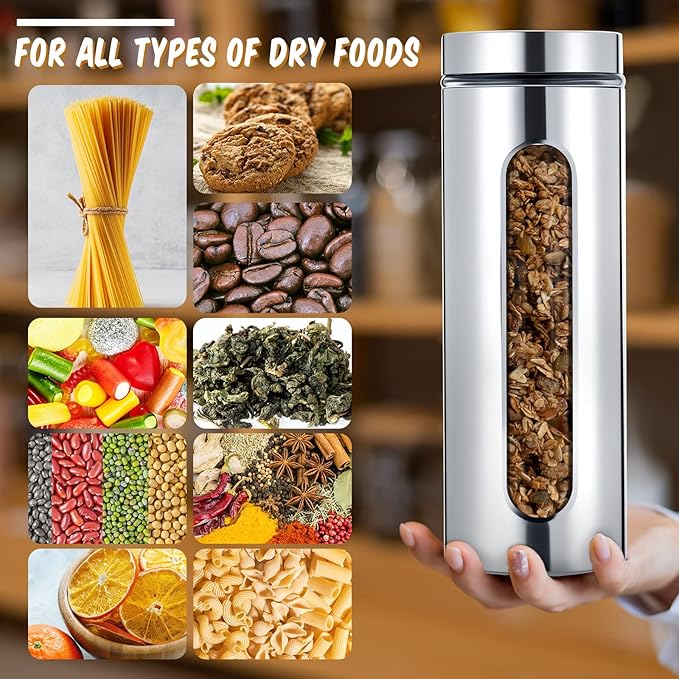 3 Pcs Stainless Steel Canister Set with Glass Windows Visible Storage Jars Silver Kitchen Canister Set for Pasta Flour Oat Sugar Container, Kitchen Tools, Housewarming Gifts(60 oz)