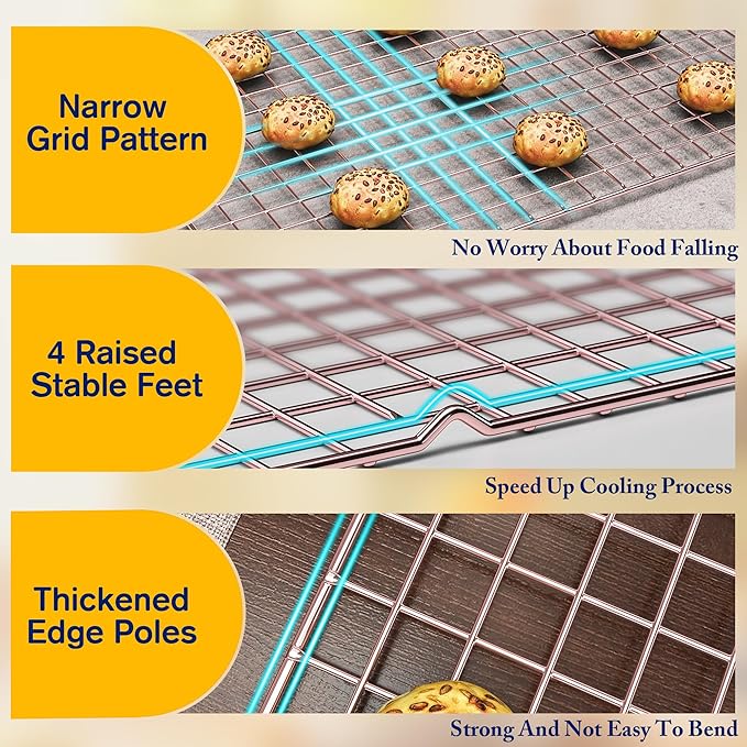 2PCS Cooling Racks for Cooking and Baking - 10" x 16"Heavy Duty Stainless Steel Wire Rack for Baking, Grilling, Roasting - Oven & Dishwasher Safe - Fits Half Sheet Pan(Rose Gold)