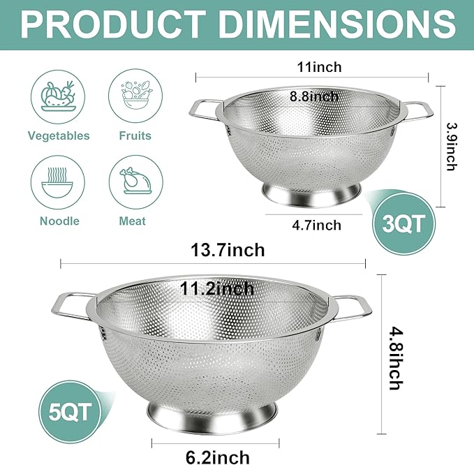 Colander Stainless Steel 3-Quart, Kitchen Strainer for Pasta, Fruits Vegetables, Dishwasher Safe
