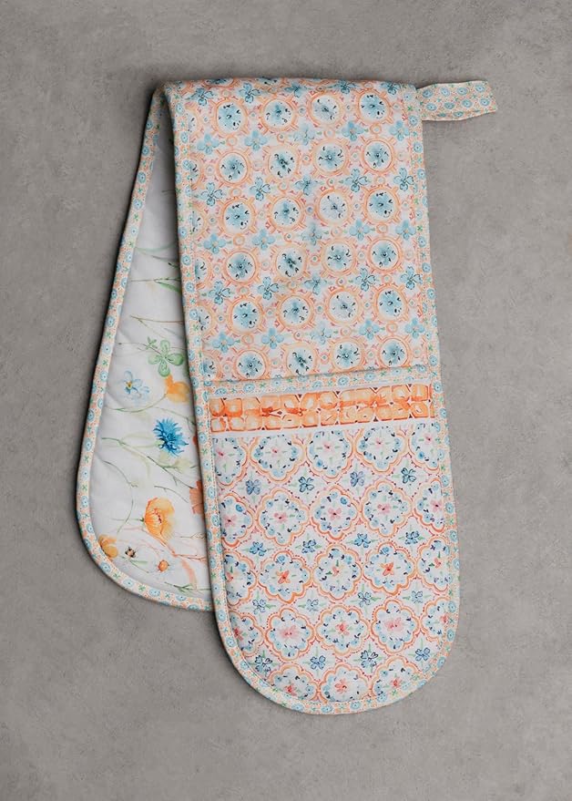 Maison d' Hermine Double Oven Mitts 100% Cotton 7"x35" Double Oven Mitt Heat Resistant BBQ Cooking Gloves with Loop, Baking, Grilling, Home, Kitchen, Handling Hot Pans Spring Summer (Summer Whisper)