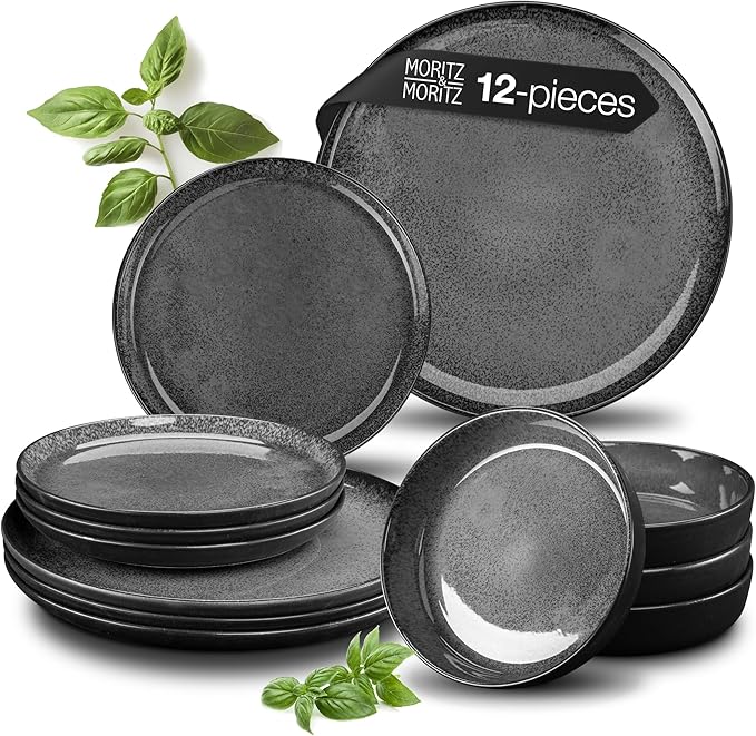 VIDA 12-Piece Porcelain Dinnerware Plate Set for 4 | Includes 4 Dinner Plates, 4 Dessert Plates, 4 Bowls | Modern Grey Ceramic Tableware, Stoneware Look, Microwave & Dishwasher Safe Dishes