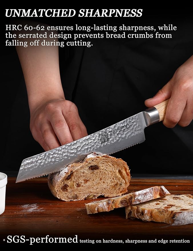 Serrated Bread Knife for Homemade Bread- 8 inches VG-10 Core, SGS Certified Ultra and Long-lasting Sharp Damascus Steel, Efficient Slicing Sourdough Crusty Bread Cutter