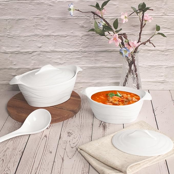 8" x 6" Ceramic Casserole Dish with Lids 31 Oz White French Soup Tureen Bakeware Set with Handle - 10 IN, Chip and Crack Resistant Baking Dish, Microwave, Dishwasher, Oven, Fridge Safe
