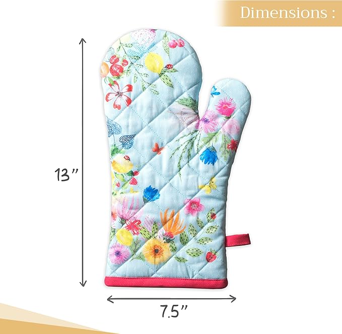 Maison d' Hermine Oven Gloves 100% Cotton Oven Mitt 7" x 13" with Loop Heat Resistant, BBQ, Cooking Gloves, Baking, Grilling, Kitchen, Handling Hot Pans Spring/Summer (Pack of 1, Jardin D'Ete - Mint)