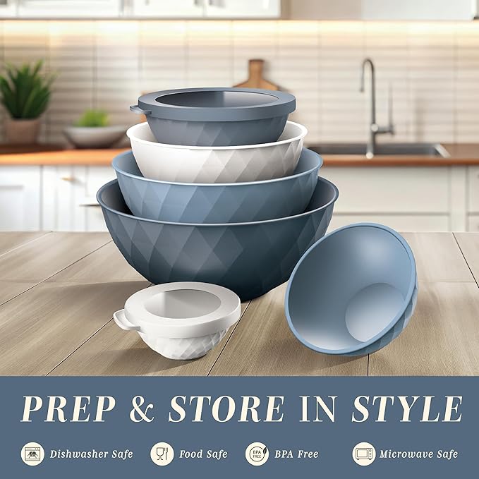 COOK WITH COLOR Mixing Bowls with Lids - 12 Piece Plastic Nesting Bowls Set includes 6 Prep Bowls and 6 Lids, Diamond Design - Microwave Safe (Mint)