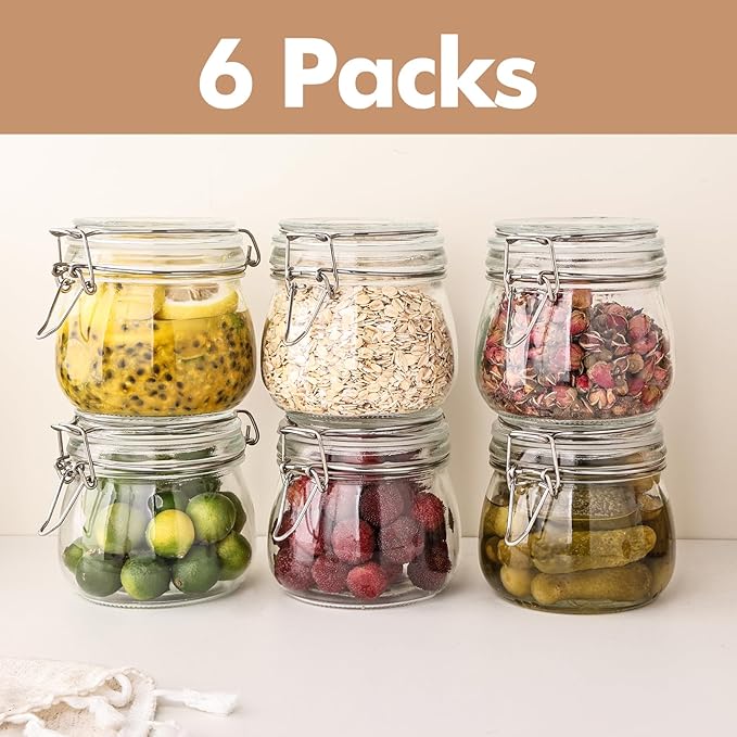 16oz - 6 Pack Round Glass Jars with Airtight Lid, Wide Mouth Mason Jars with Clamp Lids, Air Tight Glass Canisters, Food Storage Containers for Cereal, Pasta, Beans, Sugar, Coffee, Spice