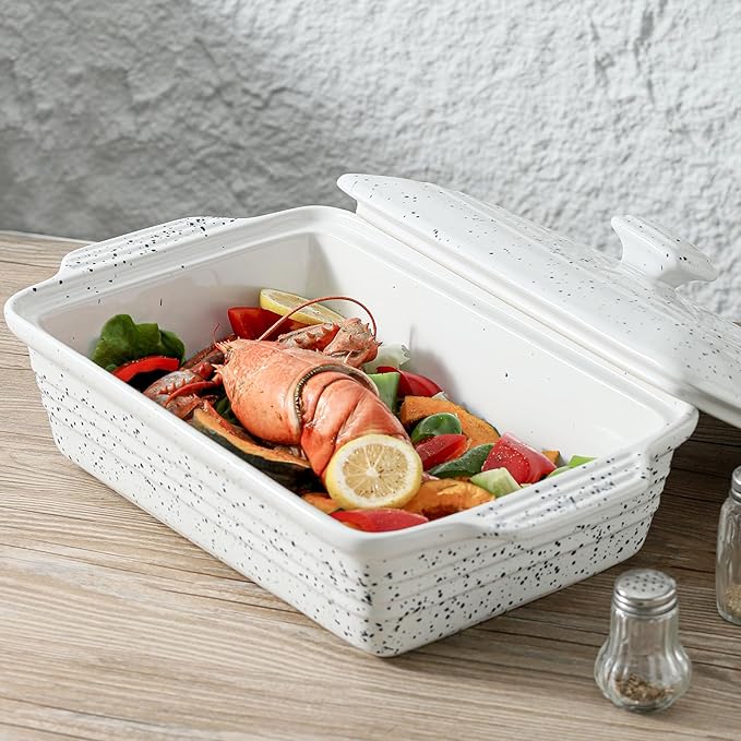 KOOV Ceramic Casserole Dish with Lid, Covered Rectangular Casserole Dish Set, Lasagna Pans with Lid for Cooking, Baking dish With Lid for Dinner, 9 x 13 Inches, Splash Series (Splashed White)