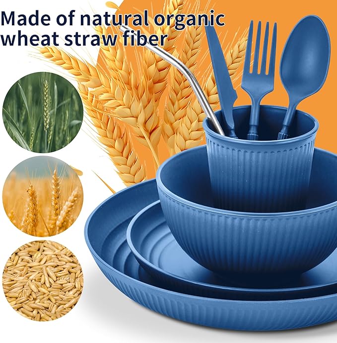 Wheat Straw Dinnerware Sets,64-Piece Plates and Bowls Sets for 8-Unbreakable,Reusable Plastic Dish Set-Dinner Plate/Dessert Plate/Cereal Bowl/Cup/Utensils-Microwave Dishwasher Safe 64P-Oecan Resort