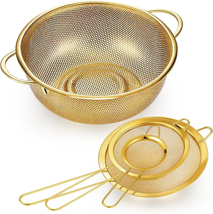Baderke 1 Pcs 3 Quart Stainless Steel Gold Colander and 3 Pcs Fine Mesh Strainer with Handles Gold Kitchen Accessories for Kitchen Draining Rinsing Serving Food Pasta Rice Vegetables