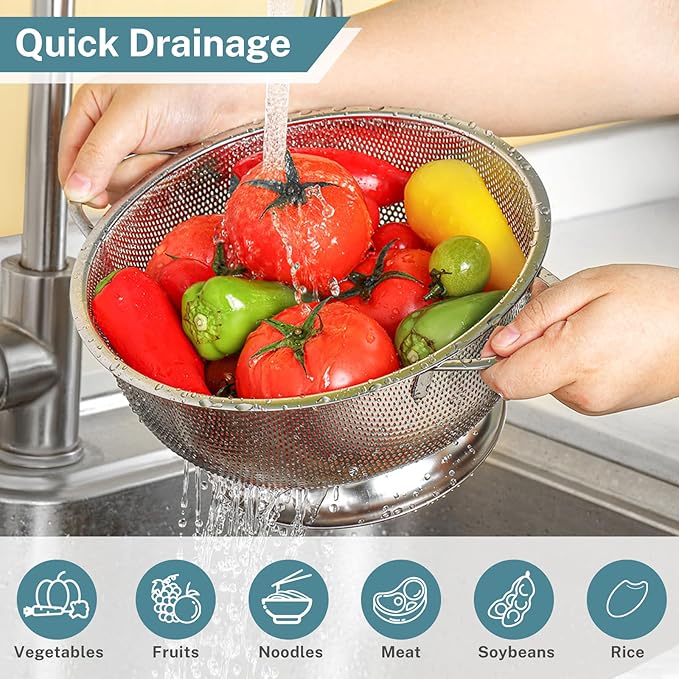 Pleafind 18/8 Stainless Steel Colander for Kitchen - 5 qt and 3 qt, Micro-Perforated Metal Colander Strainer with Handle, Solid Base Pasta Strainer, Rust-Resistant & Dishwasher Safe