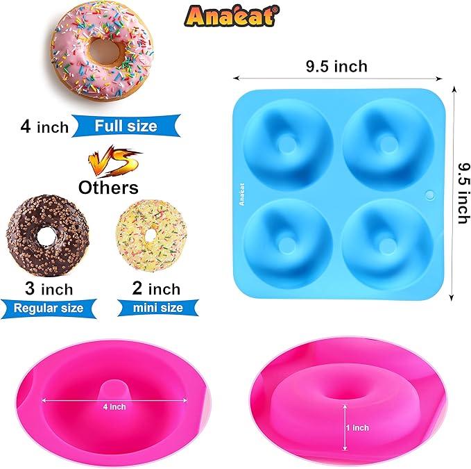 Anaeat Full Size Donut Baking Pans 3 Pack, Big Size 4 Inch Silicone Baking Mold, Just Pop Out! Non Stick 6-Cavity Doughnut Trays for Bagels Donuts Cake Biscuit - BPA Free & Dishwasher Safe (3 colors)
