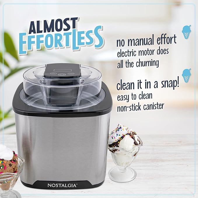 Nostalgia 2-Quart Electric Ice Cream Maker – Make Homemade Ice Cream, Gelato, Sorbet & Frozen Yogurt – No Salt/Ice Needed, Digital Controls, Mix-In Chute & Freezing Gel Canister – Stainless Steel