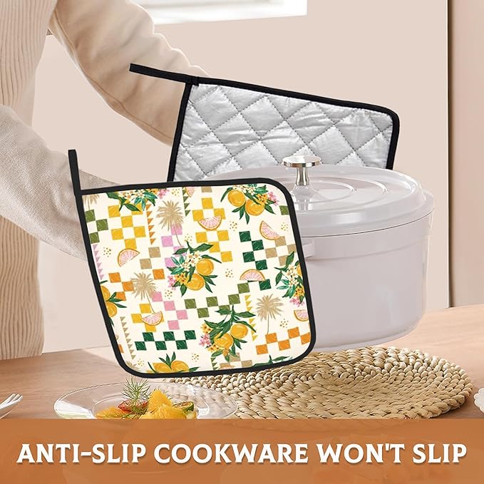 2 Pack Lemon Pot Holders for Kitchen Heat Resistant, Summer Lemons Flowers Potholders for Kitchens Washable for Cooking & Baking & Microwave