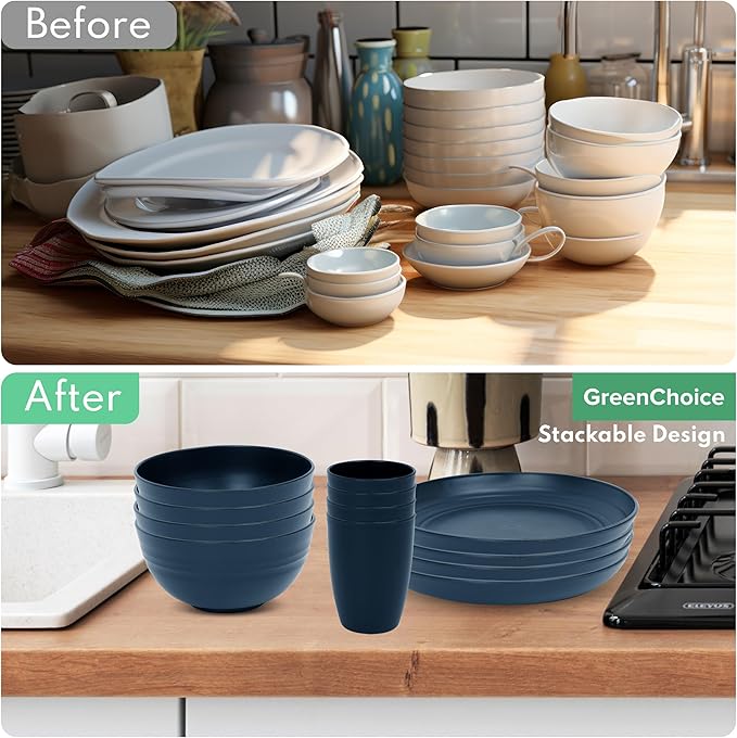 Wheat Straw Dinnerware Sets for 4 - GreenChoice Lightweight & Unbreakable Dishes Microwave & Dishwasher Safe Perfect for Camping, Picnic, RV, Dorm Plates, Cups and Bowls (Blue)