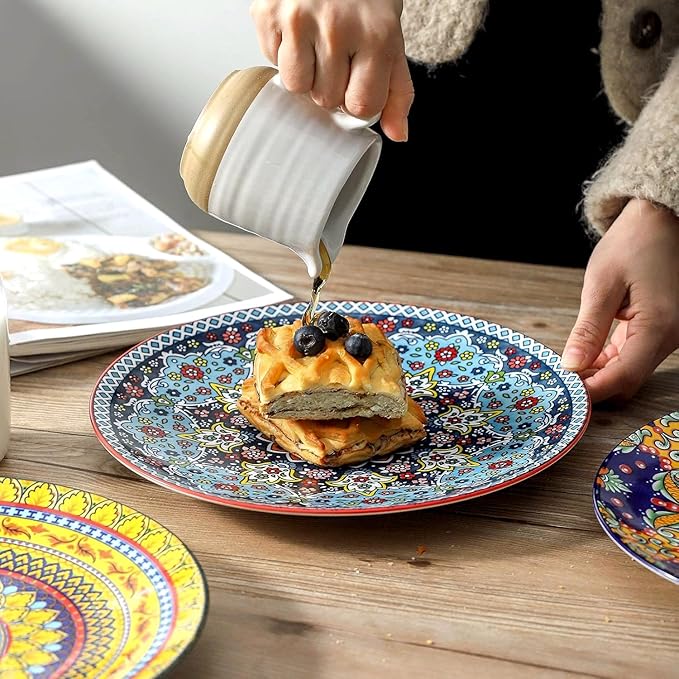 glowworm Dinner Plates, 10.5 Inch Ceramic Plates Set of 6 for Steak, Snacks, Pizza, Cake, Colorful Serving Dishes for Kitchen, Microwave, Oven & Dishwasher Safe, Bohemian