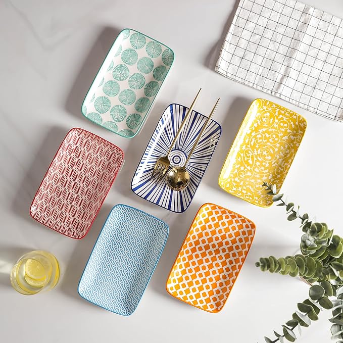 Selamica Ceramic Rectangular Salad Plates Set of 4, Small Serving Plates for Appetizers, Sushi, Fruit, Assorted Colors