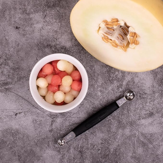 CatCora Melon Baller, Professional 18/8 Stainless Steel Dual Blades 10/15-Millimeter for Melon Balls and Garnishes, Ergonomic Soft-Grip Handle