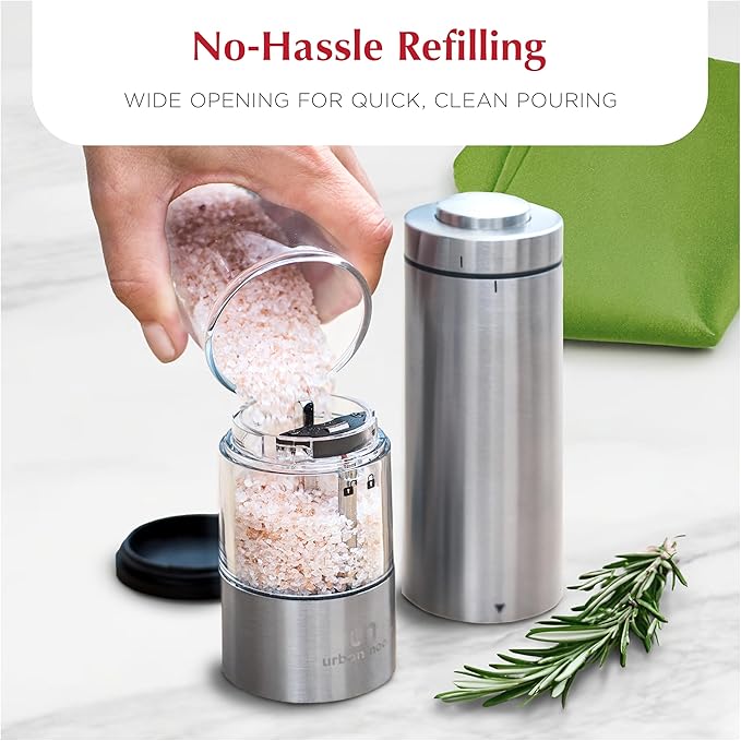 Electric Salt and Pepper Grinder Set - Battery Operated Stainless Steel Mill with Light (2 Mills) - Automatic One Handed Operation - Electronic Adjustable Shakers - Ceramic Grinders