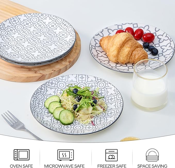 bestone 7.5 Inch Porcelain Salad Plates Set, Porcelain Dessert/Salad Plate,Classic Round with Wide Rim, Lead-Free,Dishwasher, Microwave, Freezer, Oven Safe, for Everyday Use-Set of 4,Grey