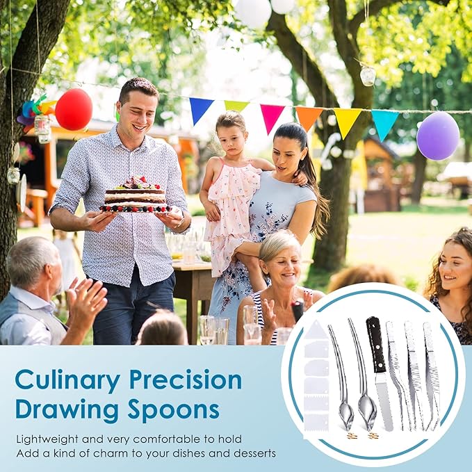 Patelai 12 Pieces Culinary Precision Drizzle Spoons Plating Tools Cooking Tweezers Stainless Steel Drawing Spoons Plastic Dough Scrapers Wood Icing Spatula for Chef Food Culinary Plating Decorating