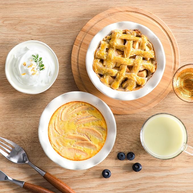 vancasso Mini Pie Pans Set of 6, 5.2 inch Ceramic Small Pie Plate for Baking, Shallow Ramekins Mini Pie Dish with Ruffled Edge for Chicken Pot Pie, Cake, Quiche, Tart, Cream Colored