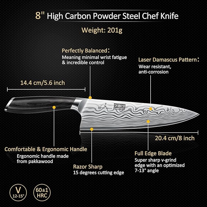 8 Pieces Knife Set with Magnetic Block, Ultra Sharp Powder Steel Knife Block Set, Professional Chef Knife Sets with Ergonomic Handle & Knife Sharpener