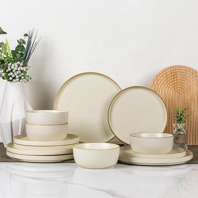AmorArc Stoneware Dinnerware Sets for 4,Reactive Ceramic Plates and Bowls Set,Highly Chip and Crack Resistant | Dishwasher & Microwave Safe | Round Dishes Set Service for 4 (12pc)
