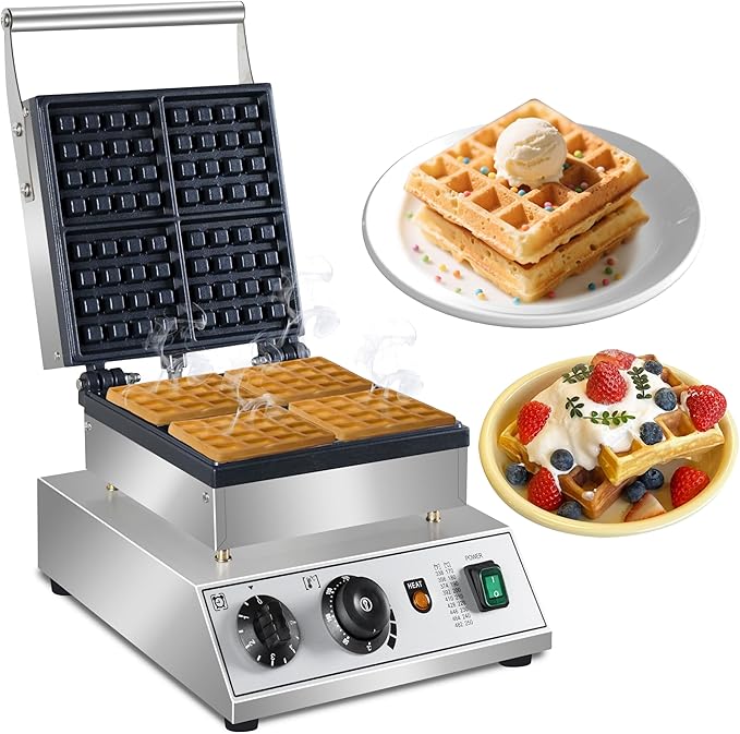 Commercial Waffle Maker, 1600W square Waffle Iron, Non-Stick Belgian Waffle Baker Machine With Temp Range and Time Control, Teflon-Coated Baking Pan Stainless Steel Body