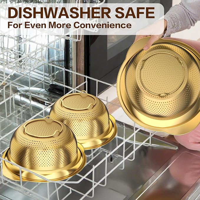 Stainless Steel Strainers for Kitchen, Stainless Steel Colander, Kitchen Strainer for Pasta Fruits Vegetables, 3 Pack Strainers and Colanders(2QT, 3QT, 5QT), Rust-Proof & Dishwasher Safe, Gold