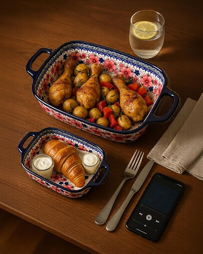 Ceramic Baking Dish Set of 2 – Decorative Polish Pottery Style Casserole Dishes with Handles, Cute Oven-Safe Lasagna Bakeware Gift Set