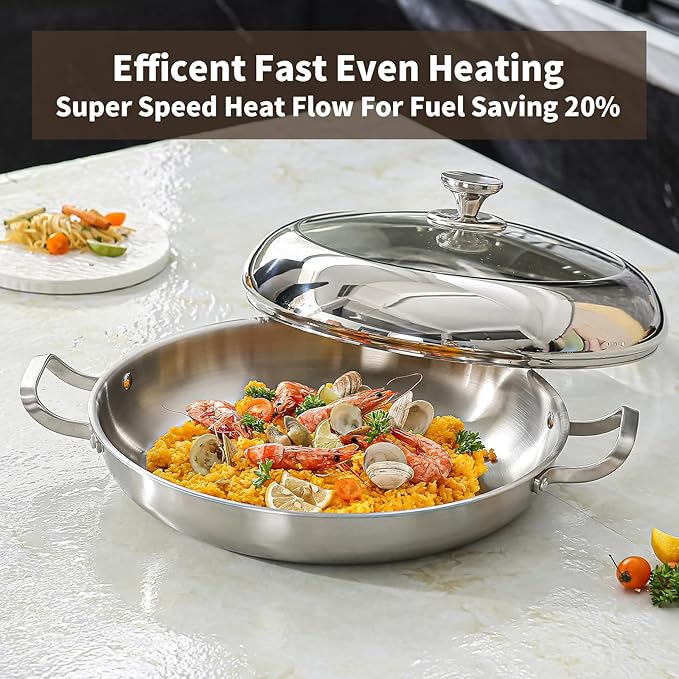 DELARLO 14 inch Paella Pan With Lid Tri-Ply Large Frying Pan Stainless Steel,Induction Skillets,Fast Heating Cookware,Indoors Outdoors,paelleras para 12 personas Jumbo Cooker