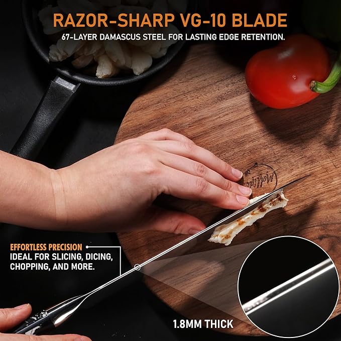 Chef Knife 8 Inch – VG-10 Damascus Stainless Steel, Razor Sharp, Full Tang, Ergonomic G10 Handle – Professional Kitchen Knife for Meat, Vegetables, Fruits – Durable, Balanced Cutlery Gift