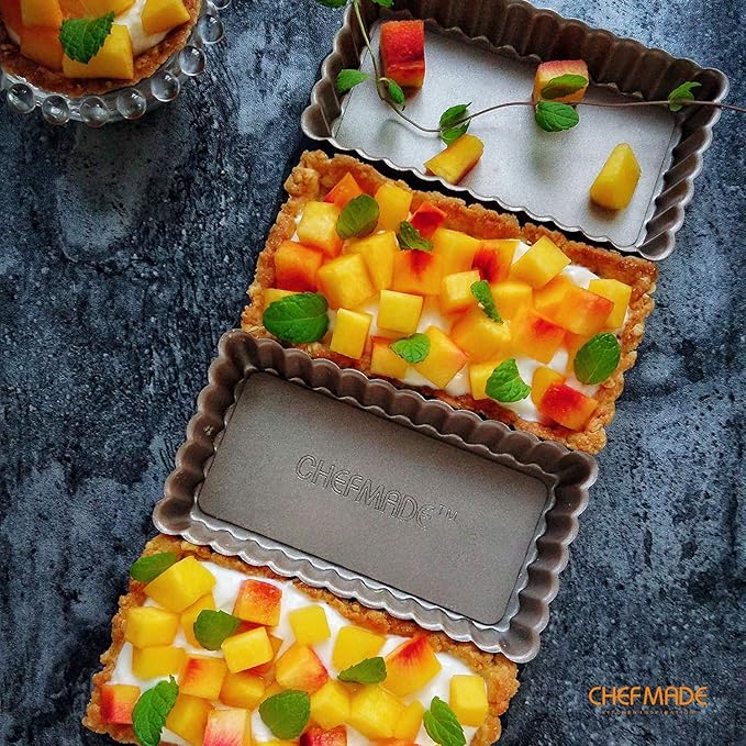 CHEFMADE Mini Rectangle Tart Pan Set, 2x4-Inch 4Pcs with Removable Loose Bottom Non-Stick Oblong Quiche Bakeware for Oven and Instant Pot Baking (Champagne Gold)
