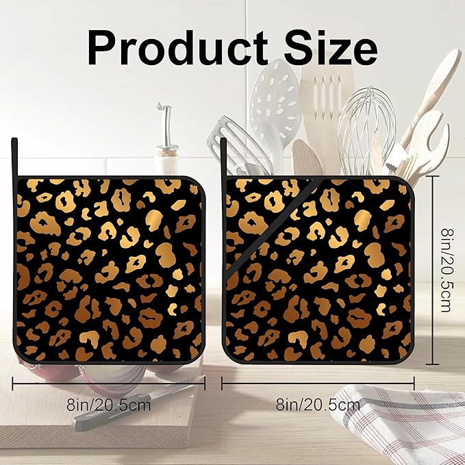 Black Gold Leopard Print Pot Holders Set of 2 Kitchen Heat Resistant Potholders for Microwave Cooking Baking Oven End Dishes and BBQ Gifts for Women