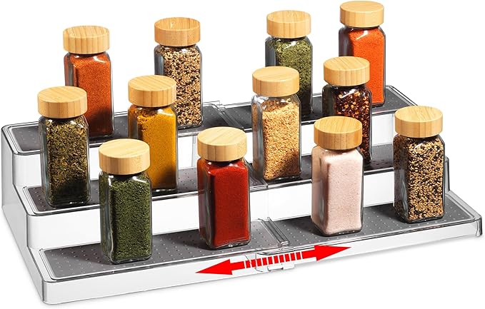 Expandable Spice Organizer Rack - 3-Tier - Clear Adjustable Tiered Shelf Spices Organization for Kitchen Cabinet and Pantry Storage