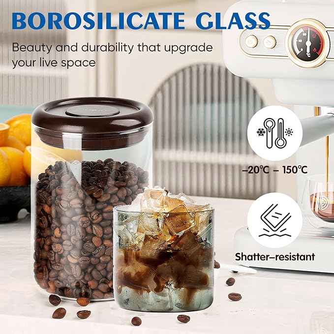 Coffee Container - Kitchen Food Storage Container with One-Way CO2 Valve, Press-on Lid Glass Coffee Canister with Scoop UV Protection for Grounds, Beans, 11 oz Grey