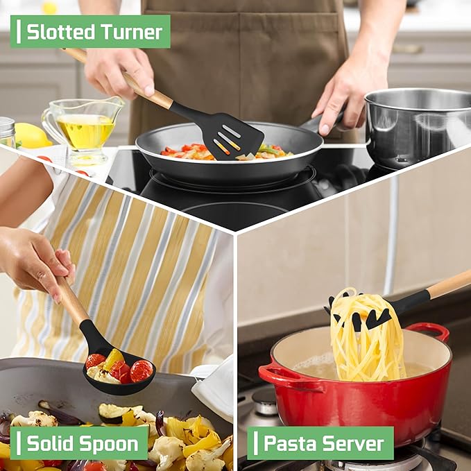 TeamFar Silicone Cooking Utensils Set of 6, Kitchen Utensils with Wooden Handles, Slotted Turner, Soup Ladle, Spoon for Non-stick Cookware, Heat-Proof, Non-Scratch, Black